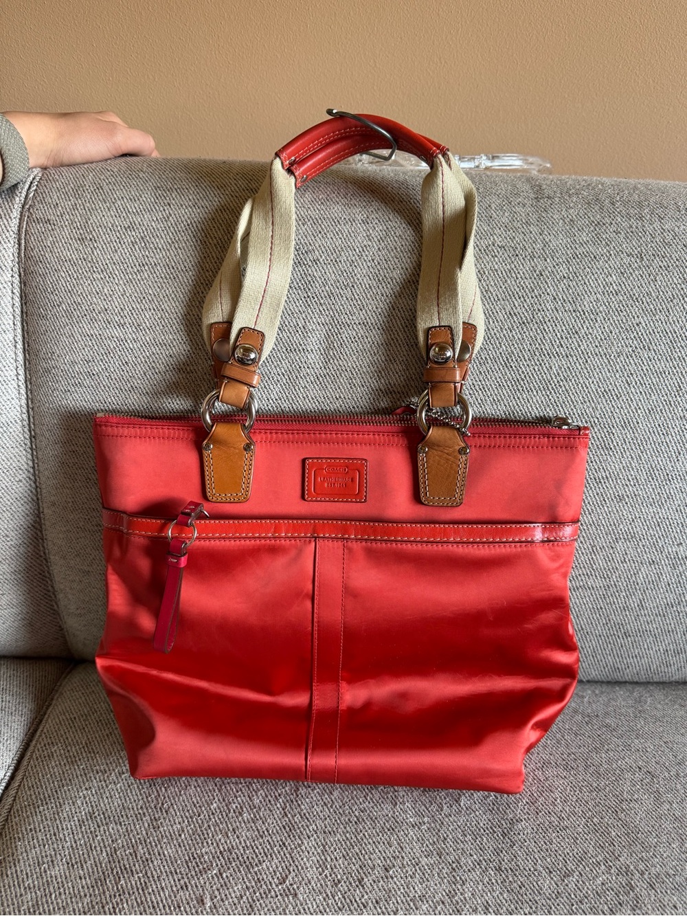 Coach Red Tote with Cream Canvas Straps and Brown Trim